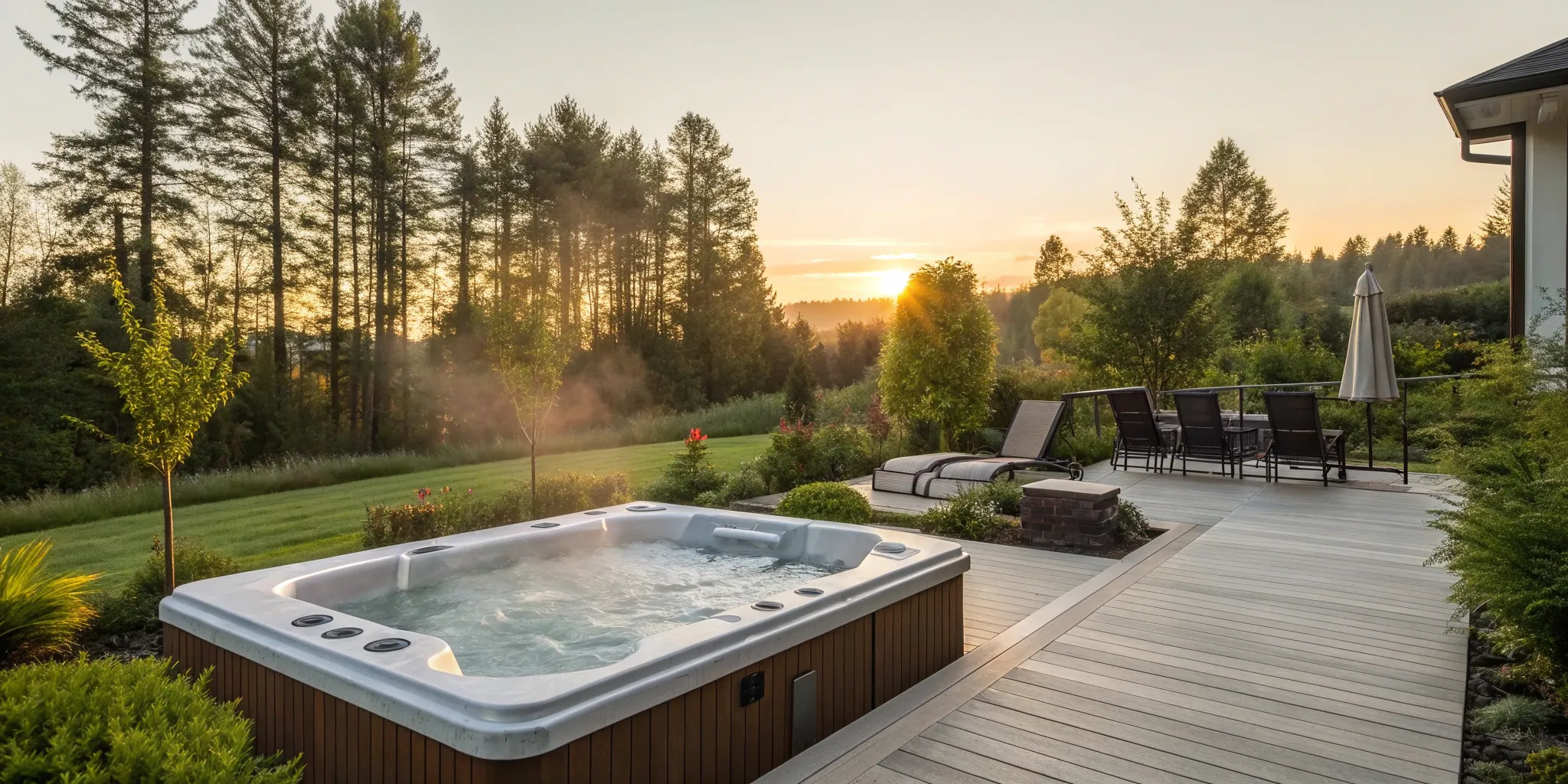 Best dual zone swim spa installed on a backyard deck at sunset.