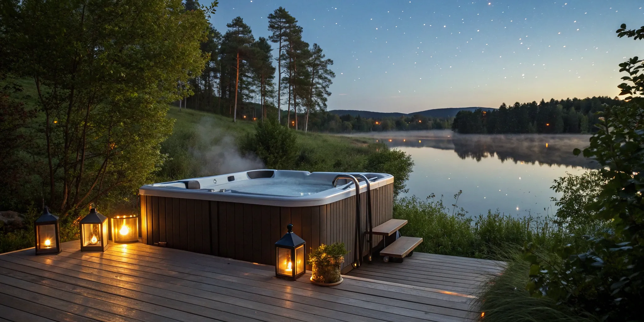 A relaxing 2 person salt water hot tub on a lakeside deck at dusk.