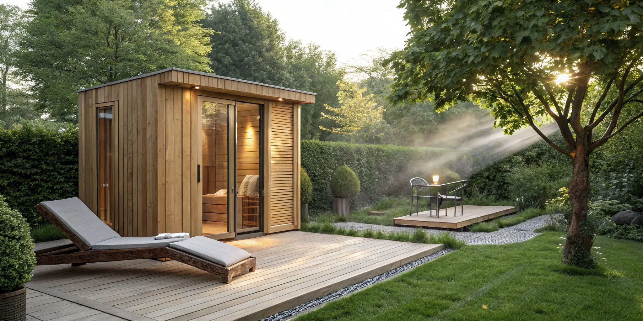 Modern outdoor home sauna built with natural wood and a glass door.