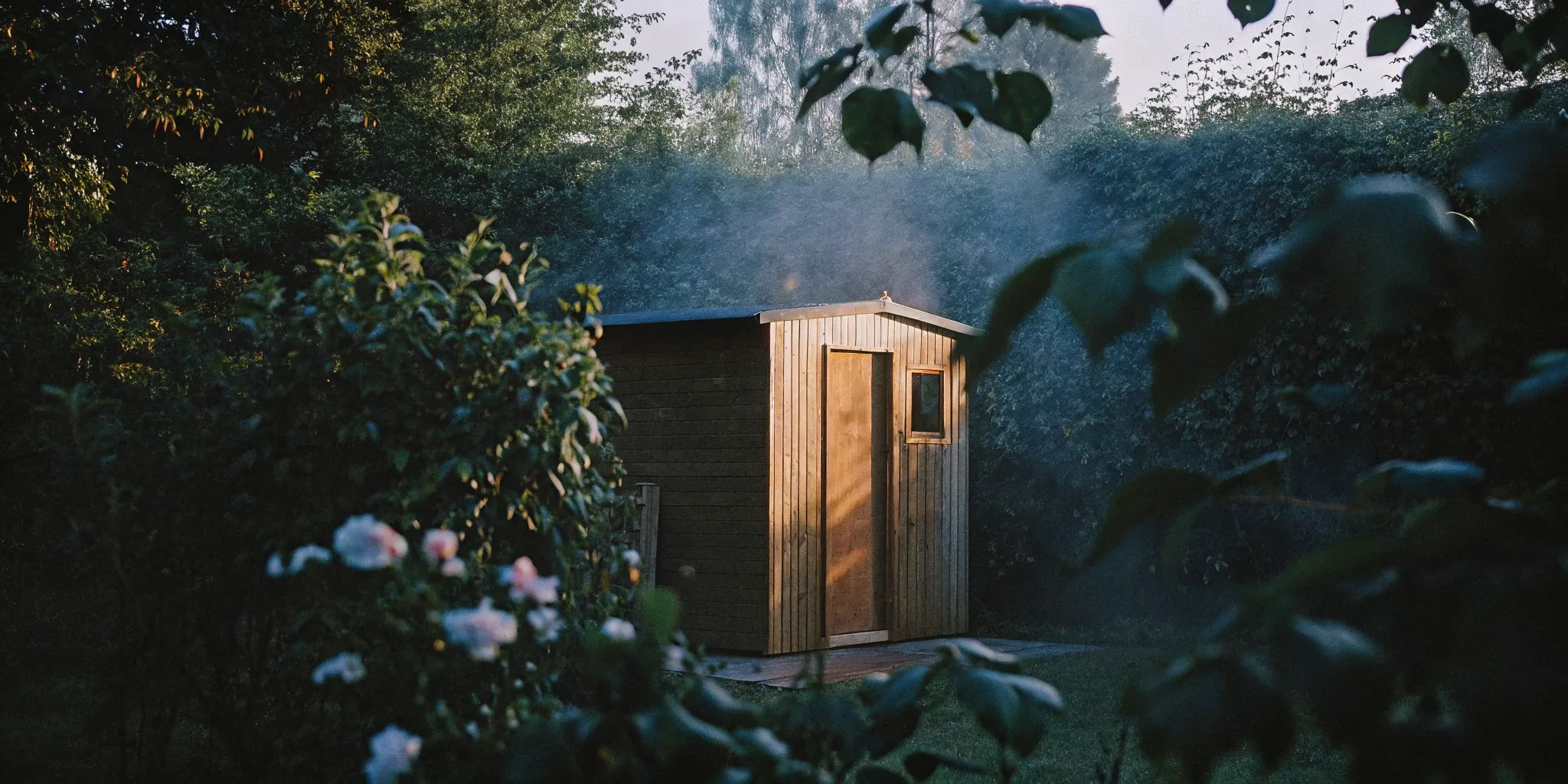 A wooden home sauna in a Charlotte backyard for mental wellness.