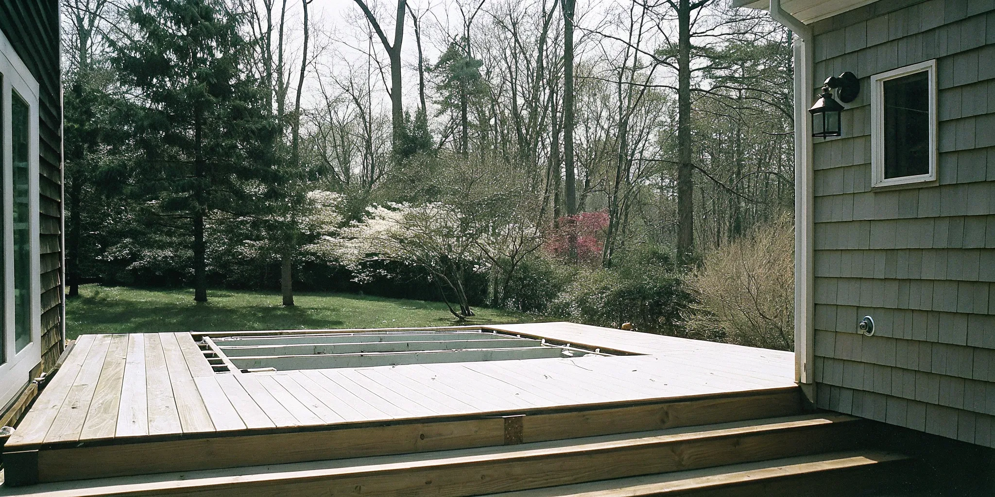 Reinforced hot tub deck framing with support beams and joists for safety.