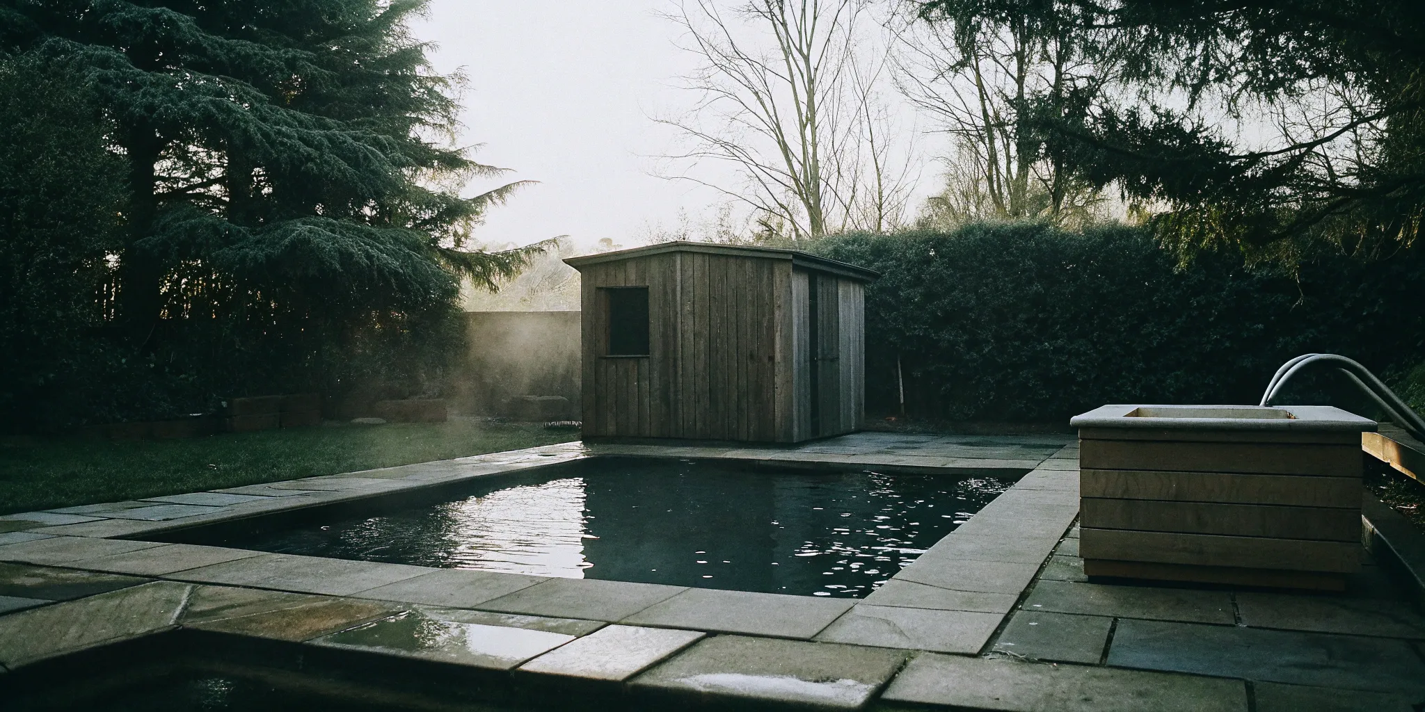 A private home sauna and cold plunge in a Charlotte backyard.