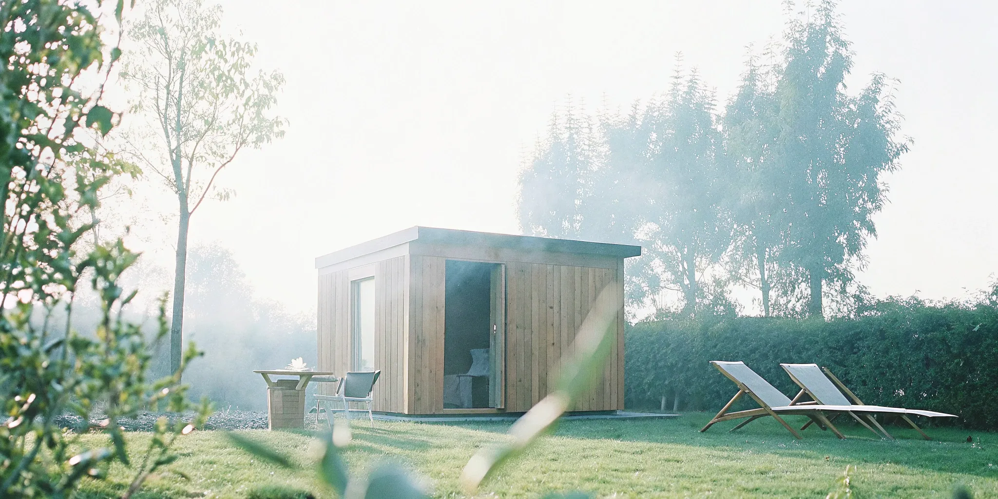 A backyard sauna in a peaceful NC setting offering stress relief benefits.
