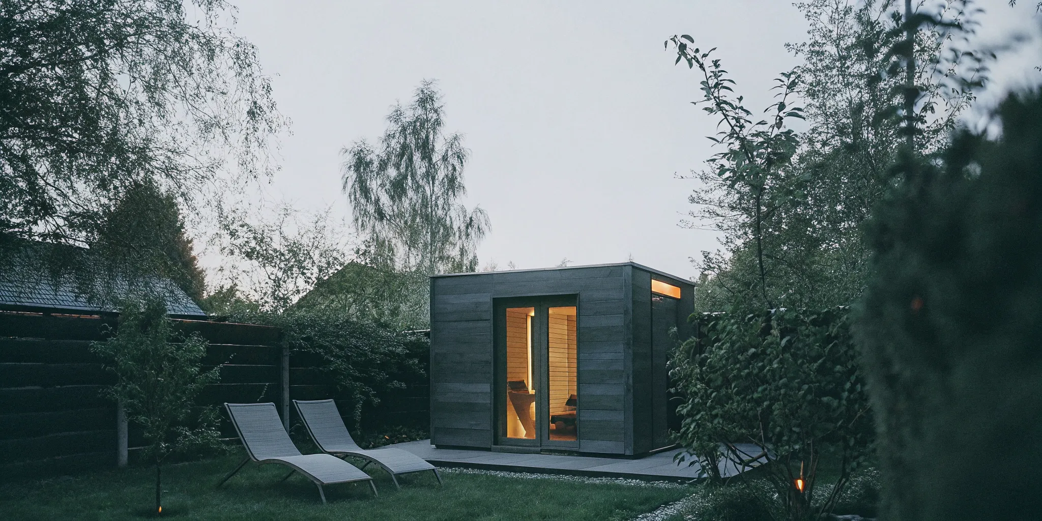 Modern outdoor sauna in a Charlotte backyard for stress relief.