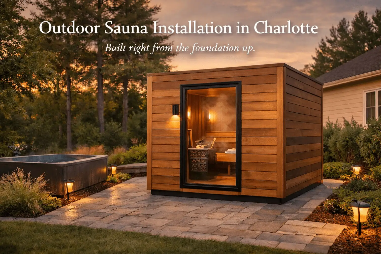 Modern cedar outdoor sauna installed on a paver patio in a Charlotte backyard at sunset, with warm interior lighting and professional landscape integration.
