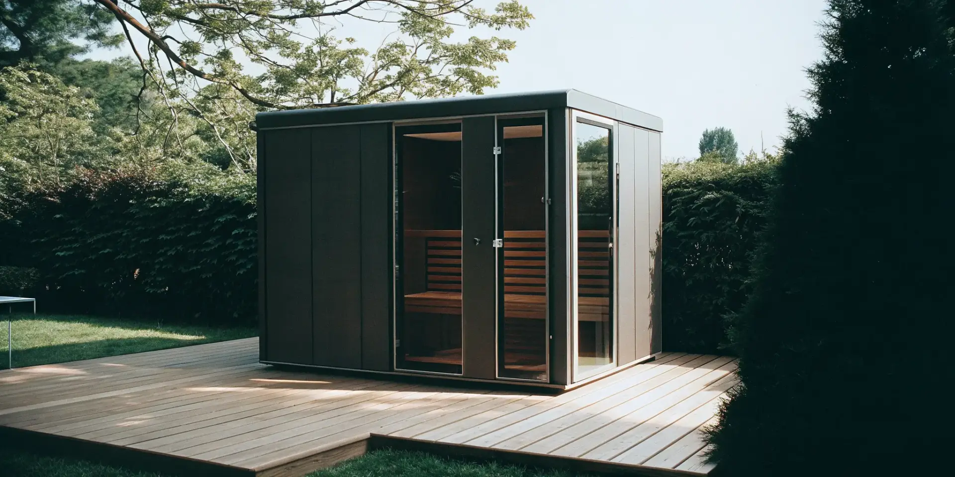 Modern outdoor sauna on a wooden deck in a lush Winston-Salem backyard.