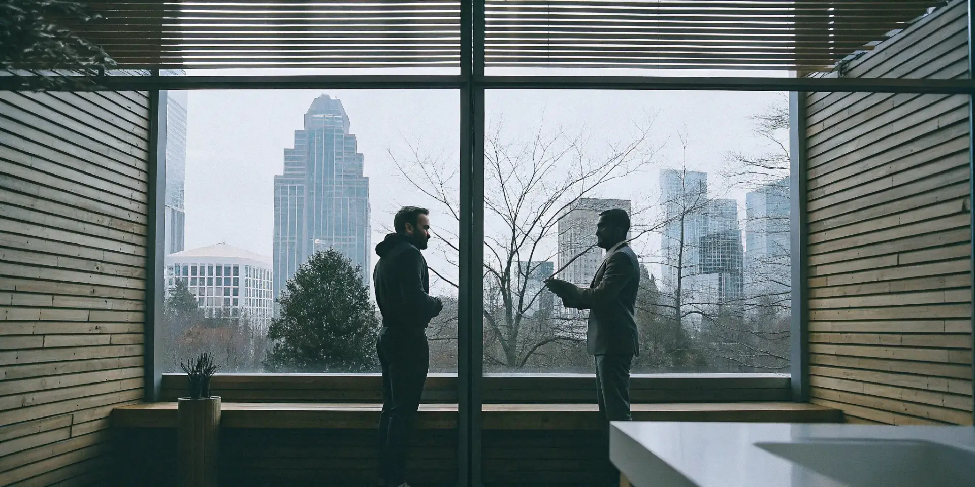 Man speaking with a trusted sauna dealer in a modern Charlotte office.