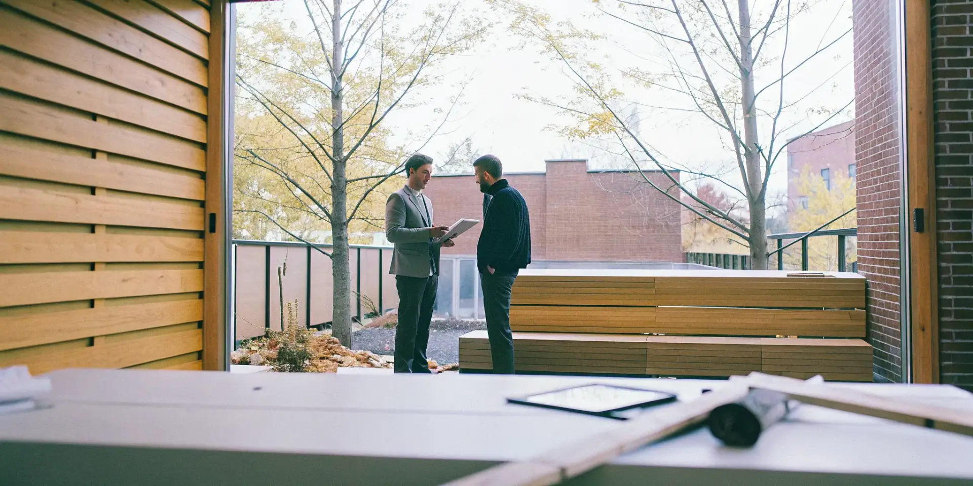 A homeowner consulting with a sauna dealer in Winston-Salem about installation.