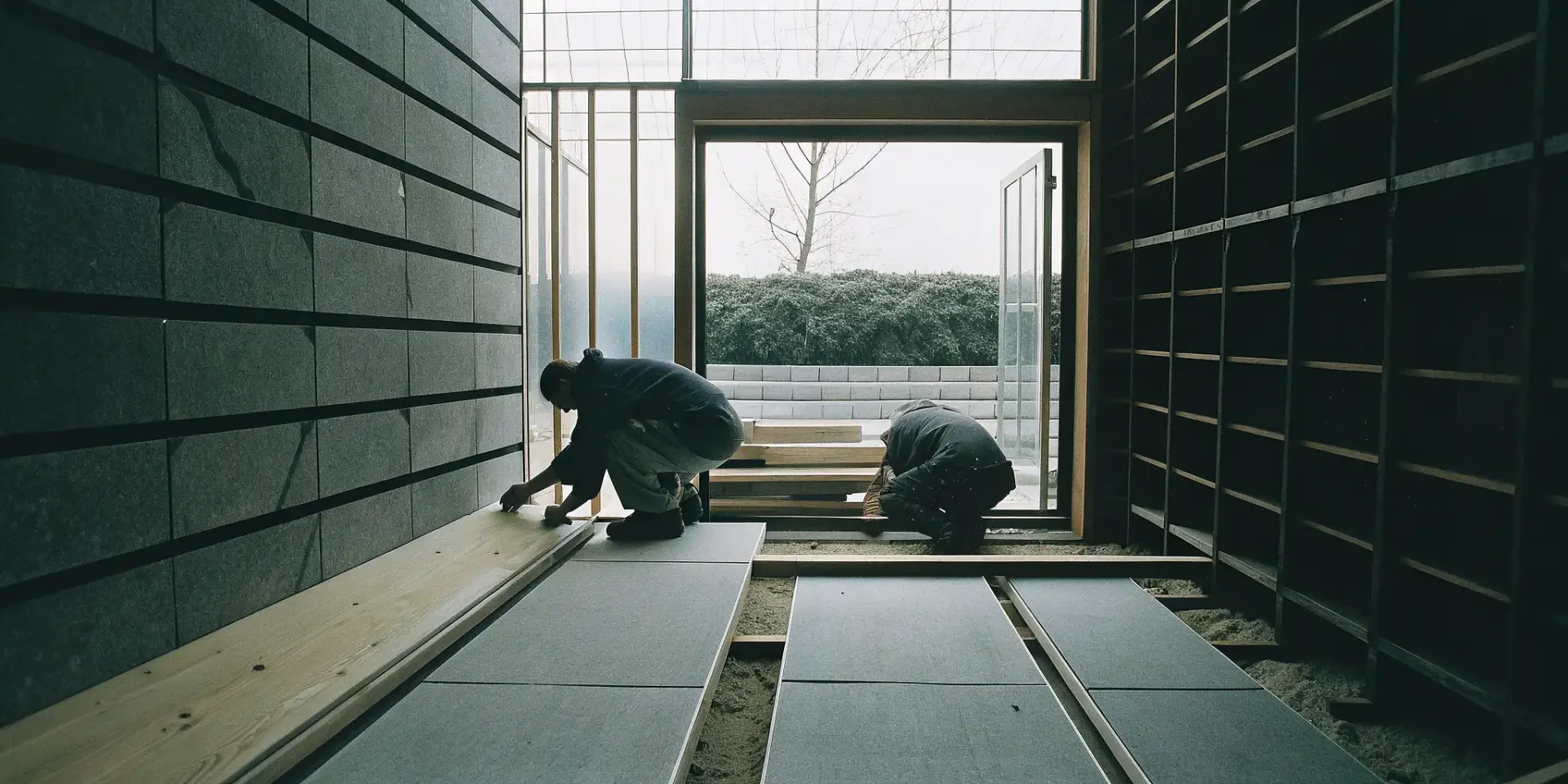 Workers completing the wood framing for a custom sauna in a Charlotte home.