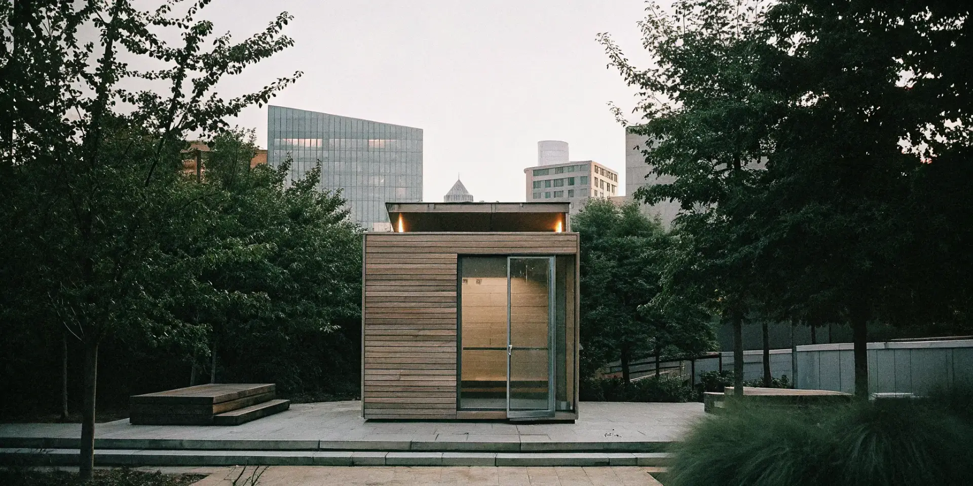 A professionally installed modern outdoor sauna in a Charlotte home's backyard.