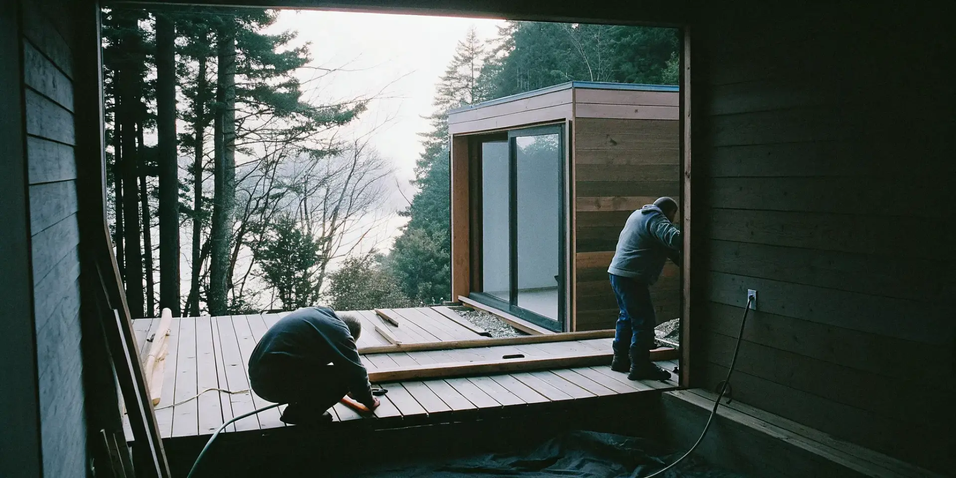 Workers installing a traditional wooden sauna at a home in North Carolina.