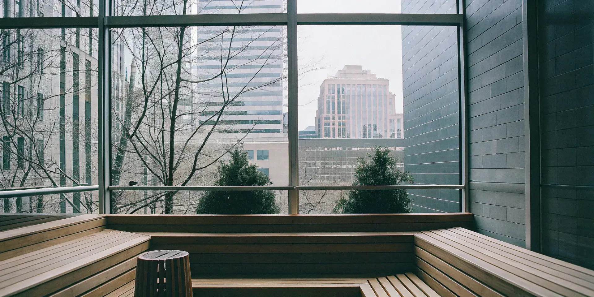 A custom home sauna with a city view, built by a professional Charlotte contractor.