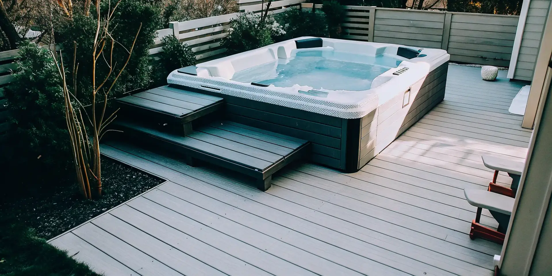 A swim spa installed in a backyard, showing a setup to consider before buying.
