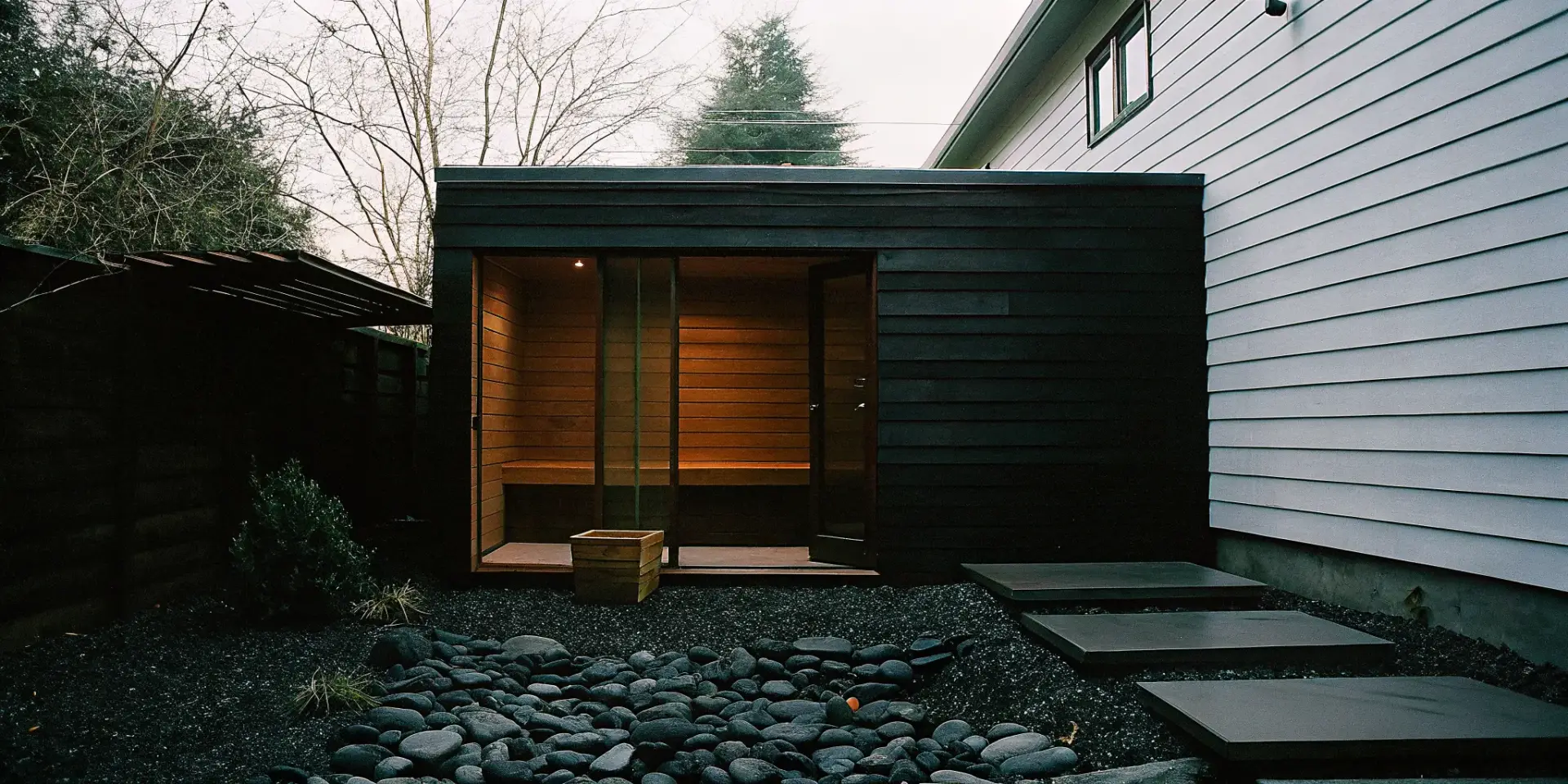 A modern garage sauna with dark wood paneling at a home in Charlotte.