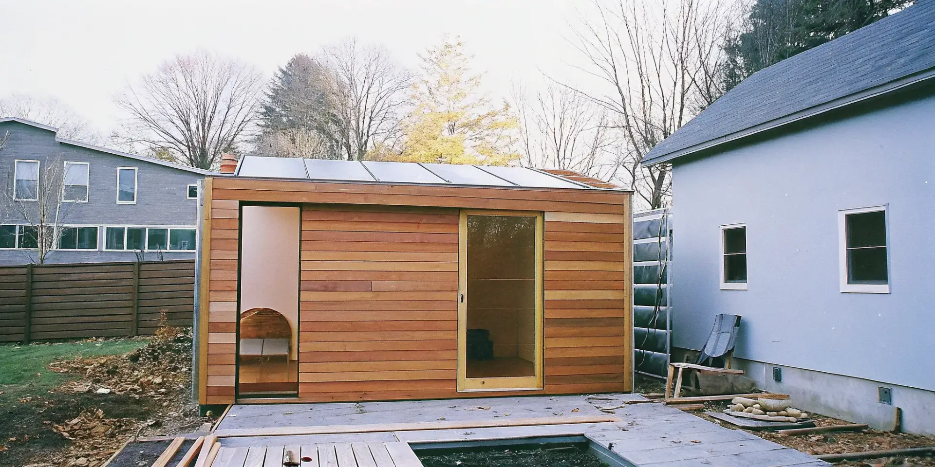 Modern garage sauna ready for electrical installation in Charlotte.