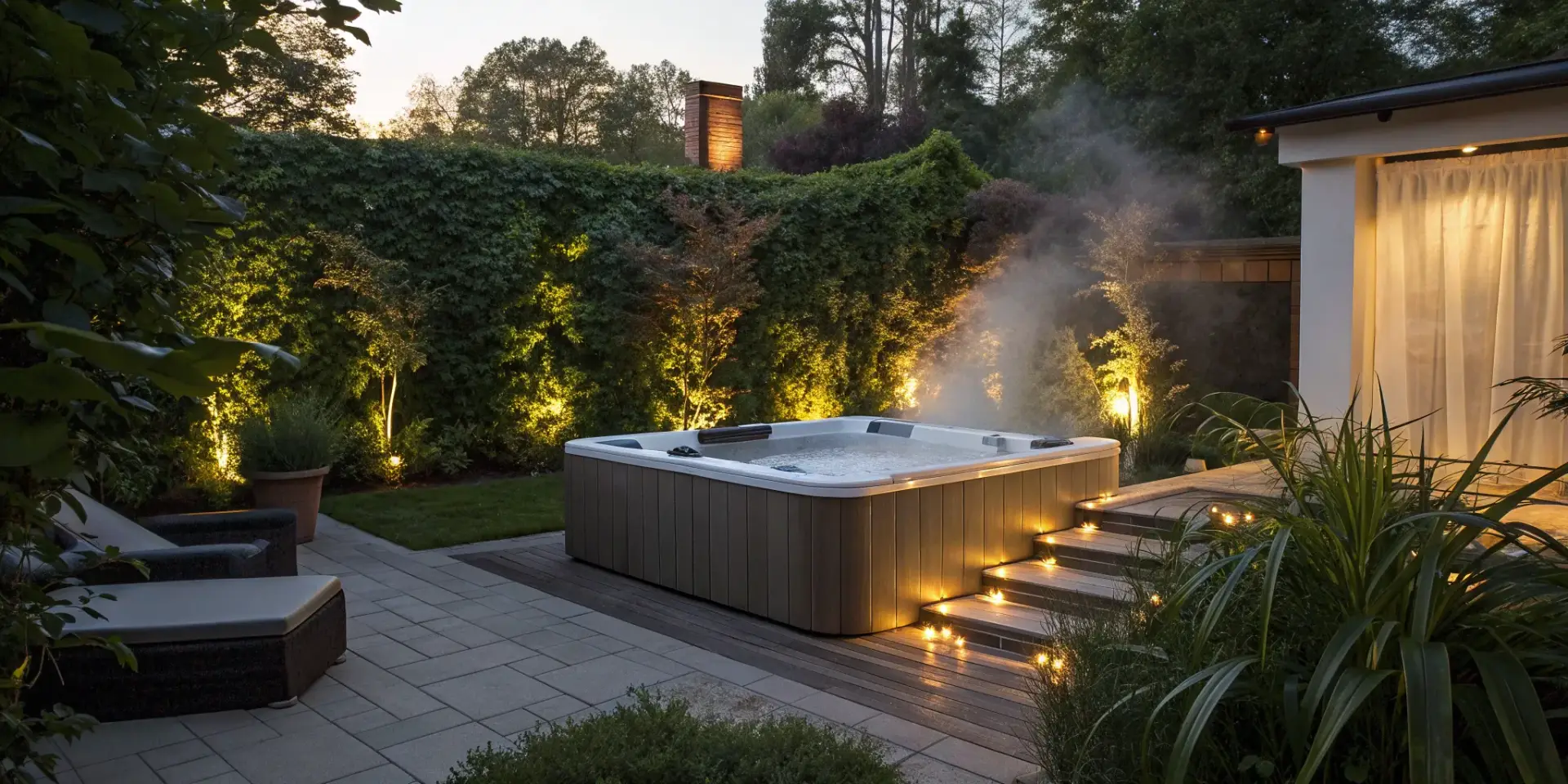 A modern hot tub representing the choice between a saltwater vs chlorine system.