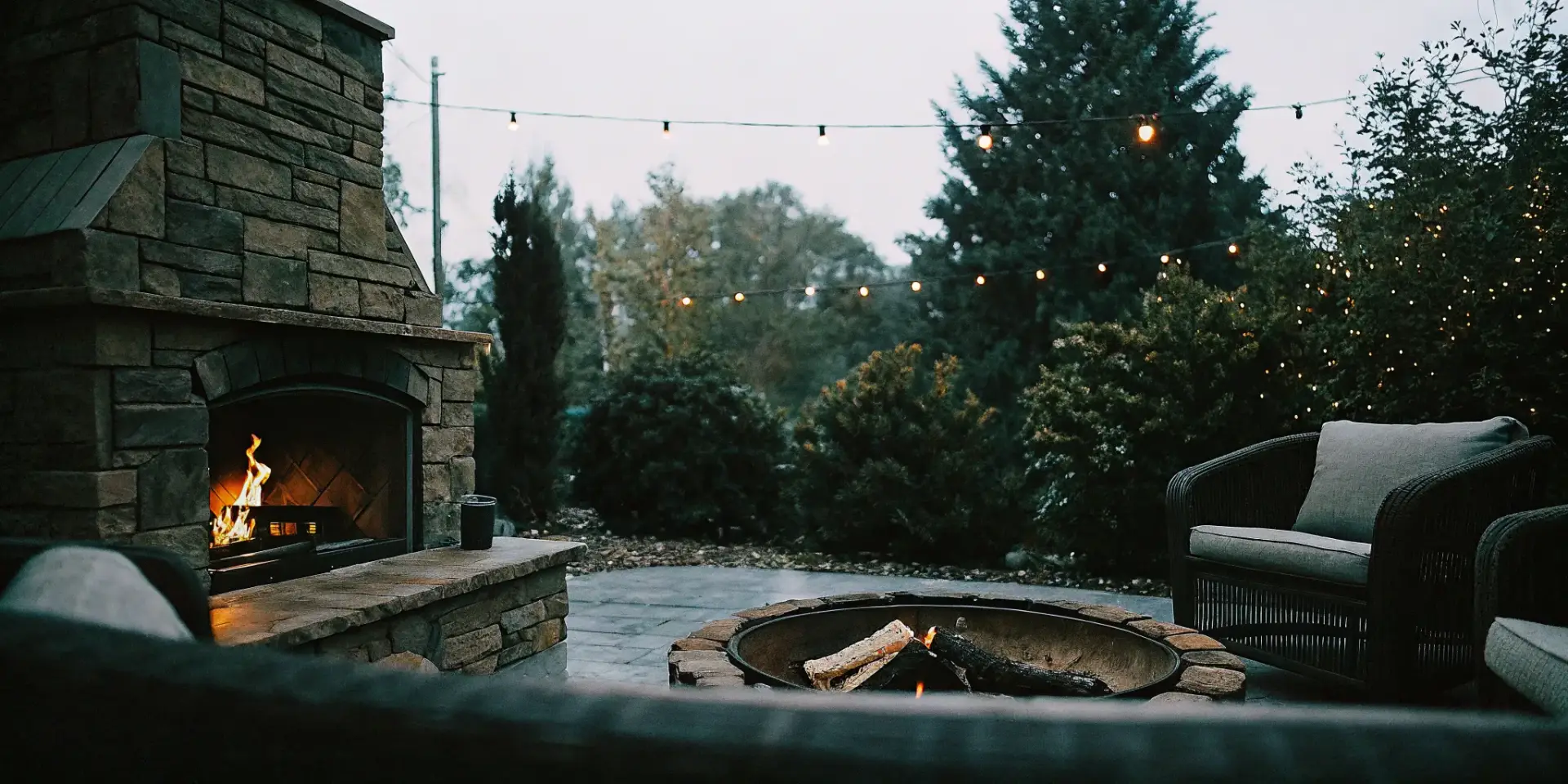 Outdoor fireplace and a fire pit on a patio with cozy seating.
