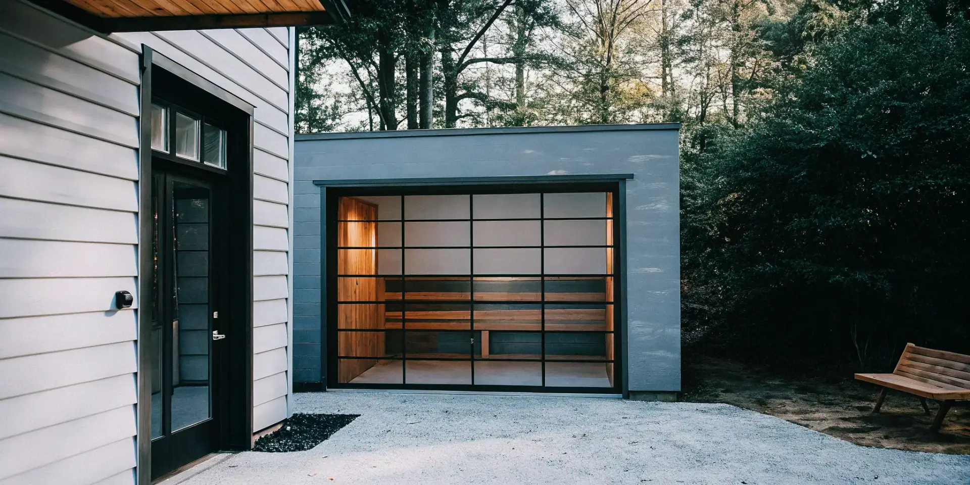 A wood-paneled home sauna installed in a modern Charlotte garage.