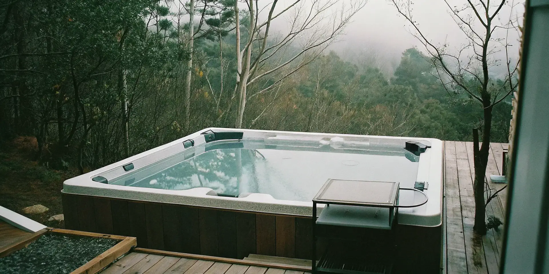 A swim spa installed on a backyard deck, a key part of the true cost of ownership.