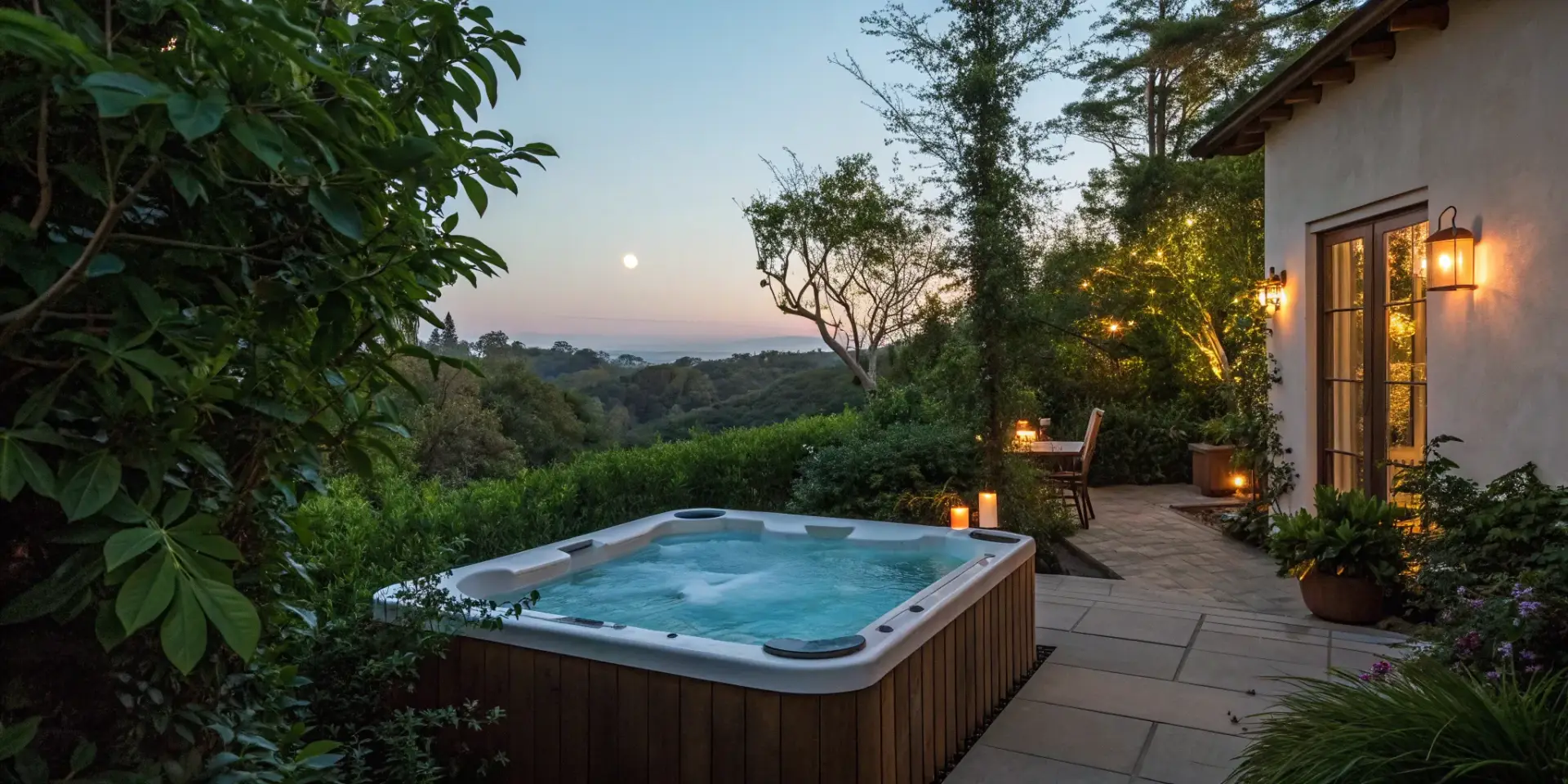 Cold plunge tub on a backyard patio.