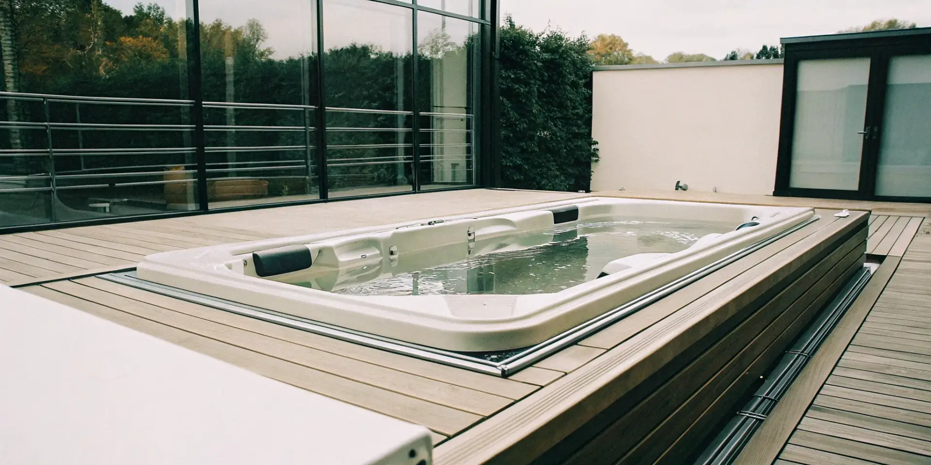 A modern swim spa installed in a wooden deck, a key part of the ultimate guide to buying one.