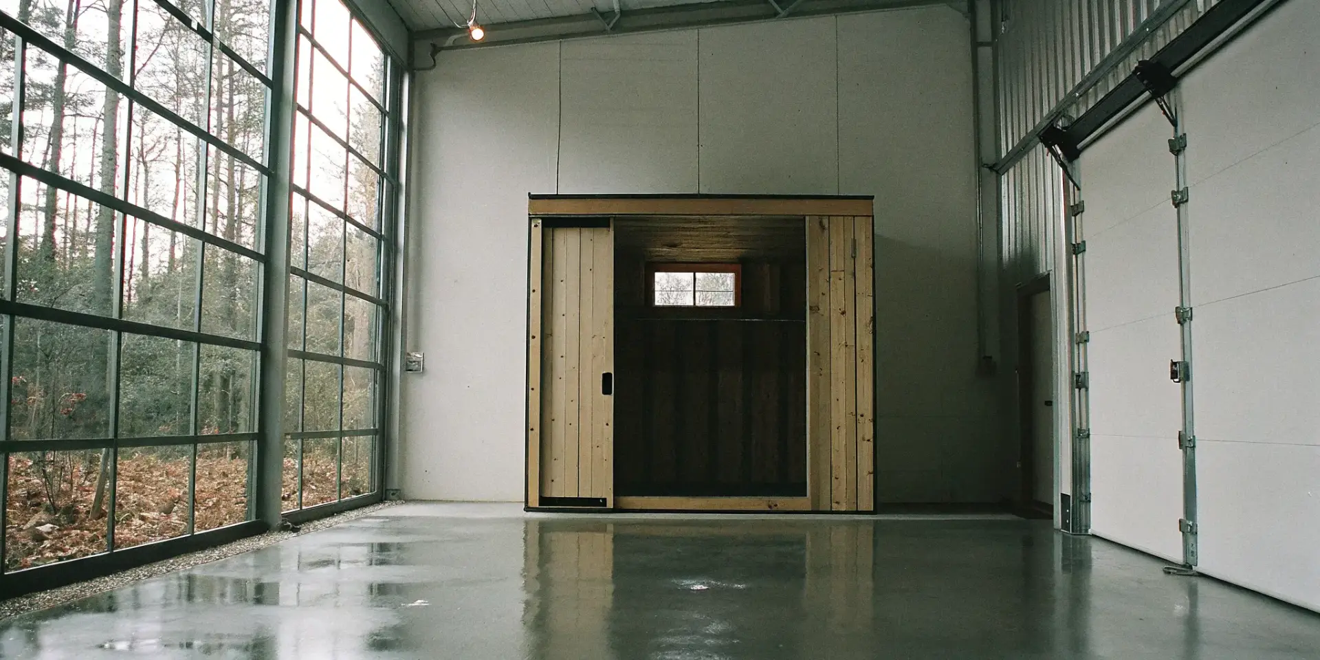 Garage sauna installation in NC of a modern wood sauna with a concrete floor and large windows.