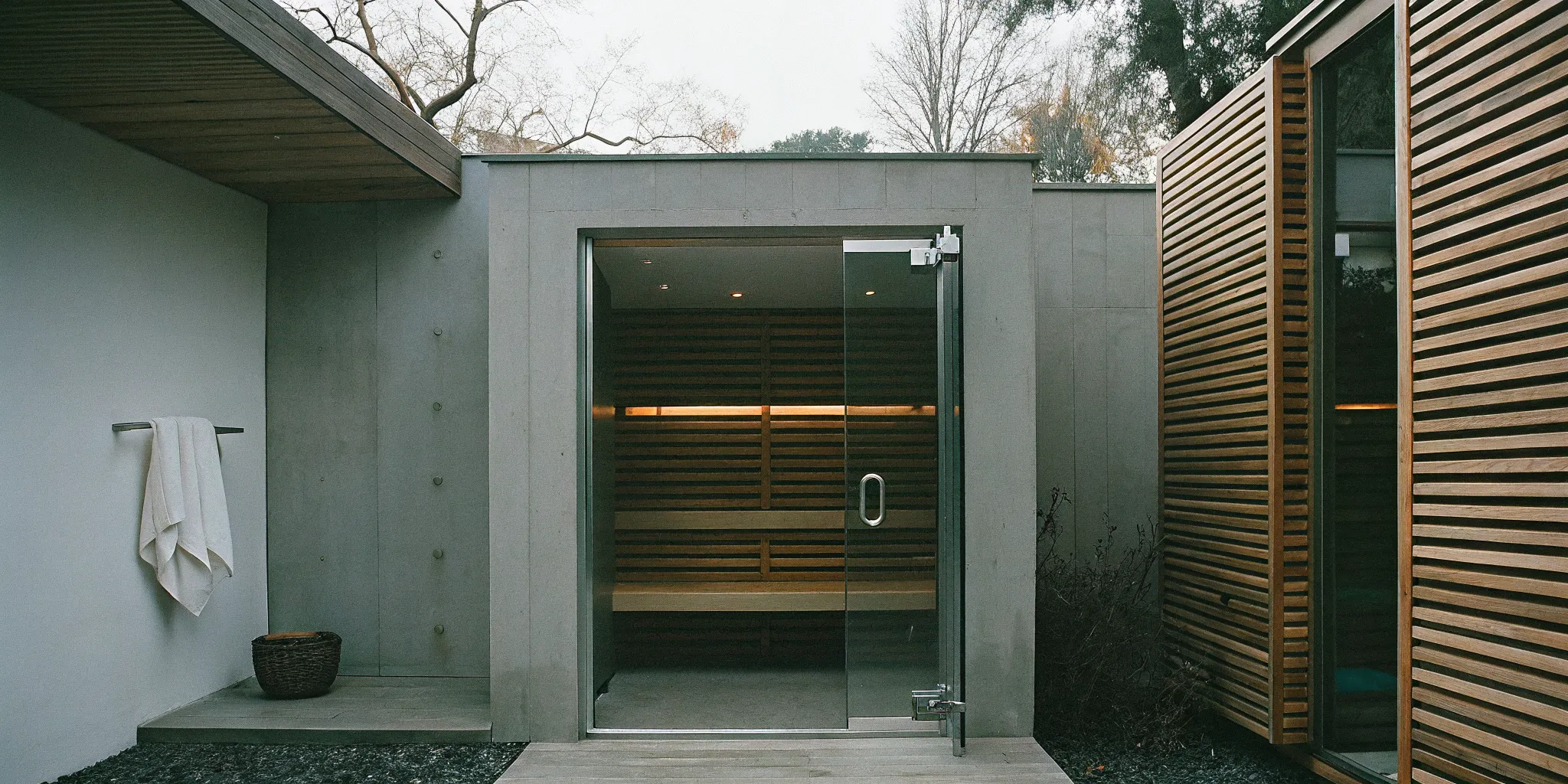 Home wellness sauna with a modern design in a Charlotte backyard.