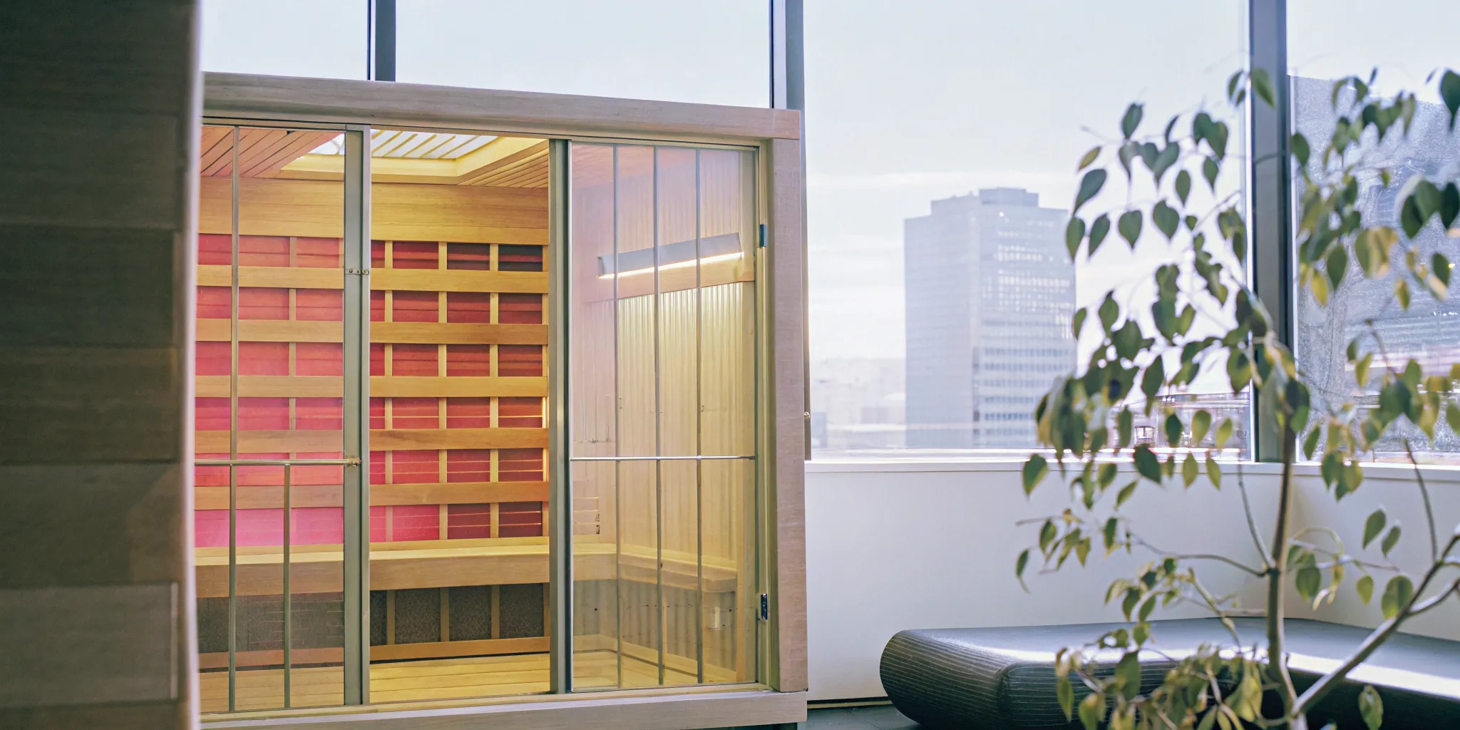 Interior of a modern infrared sauna at a wellness studio in Charlotte.