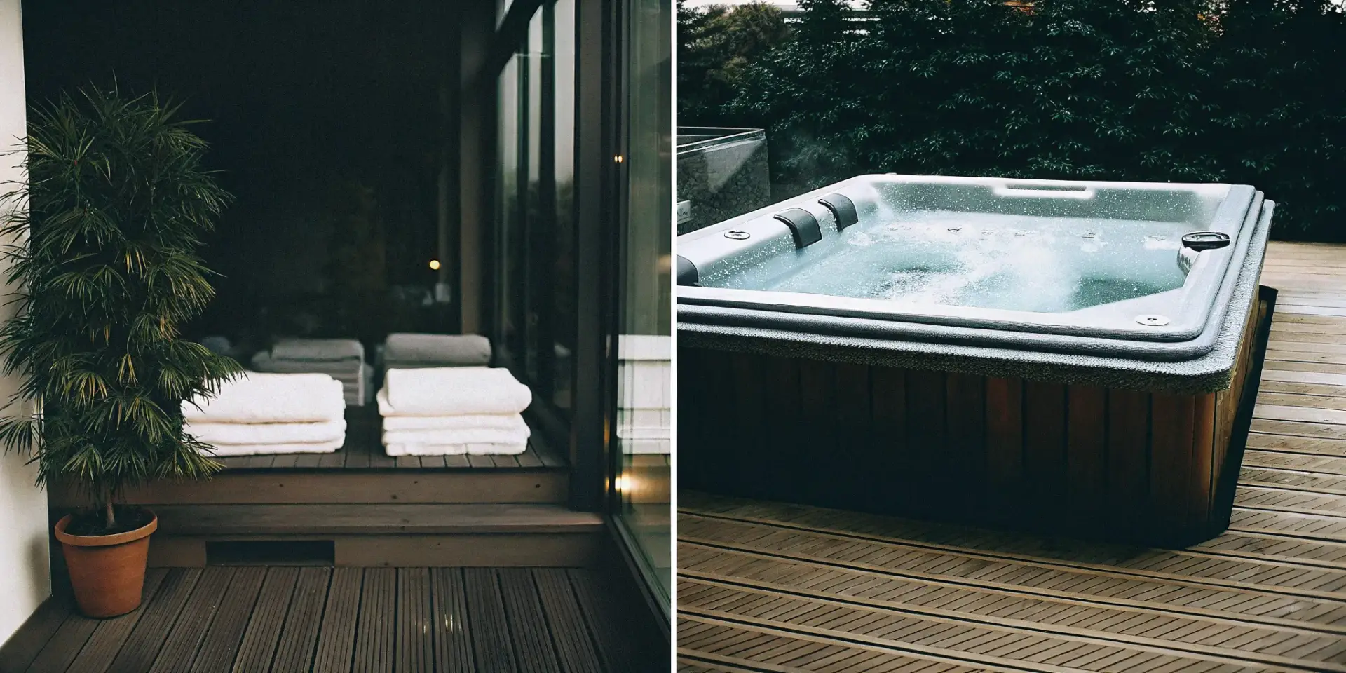 A swim spa for swimming fitness vs a jacuzzi for relaxation on a deck.