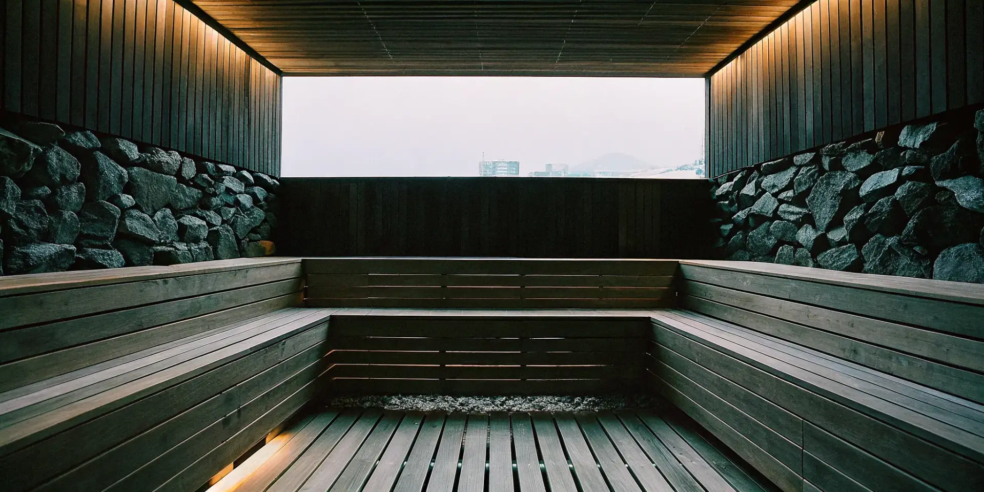 Traditional sauna with wooden benches and stone walls in Charlotte.