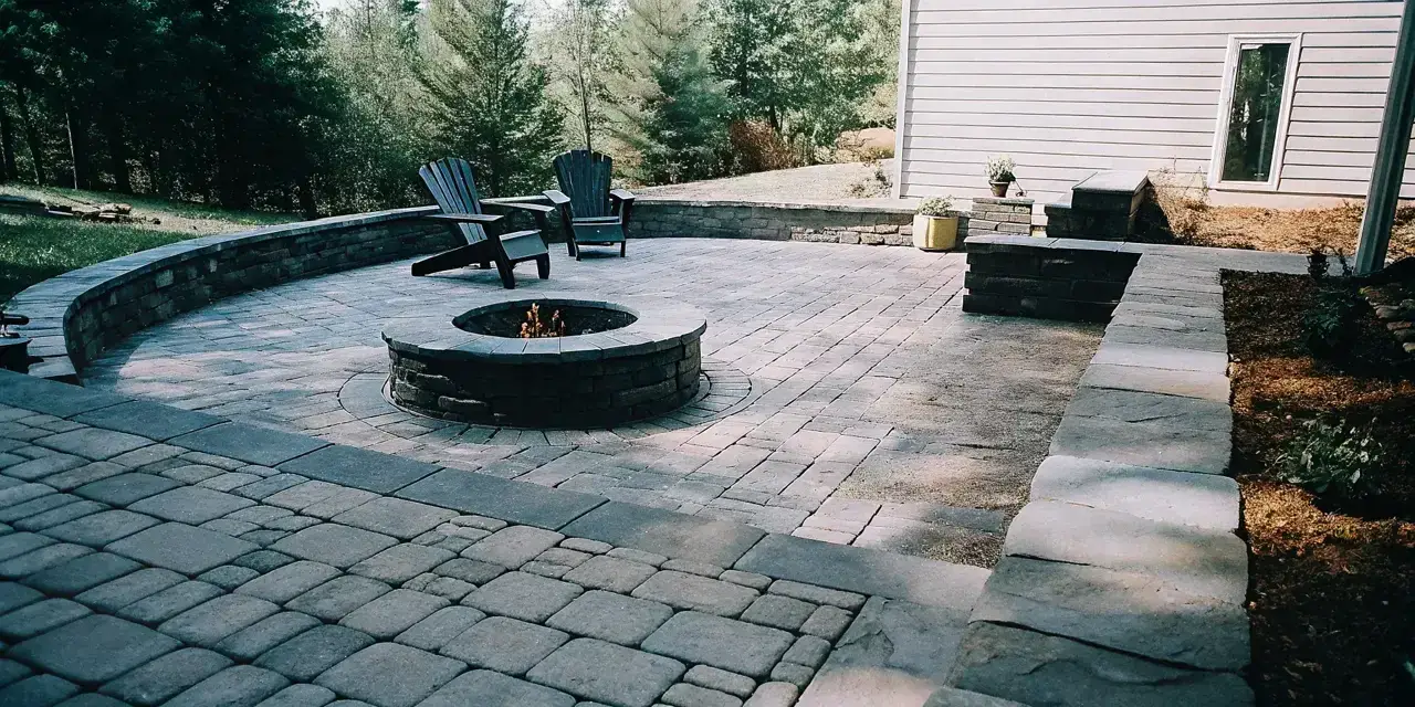 Paver patio with fire pit NC backyard design