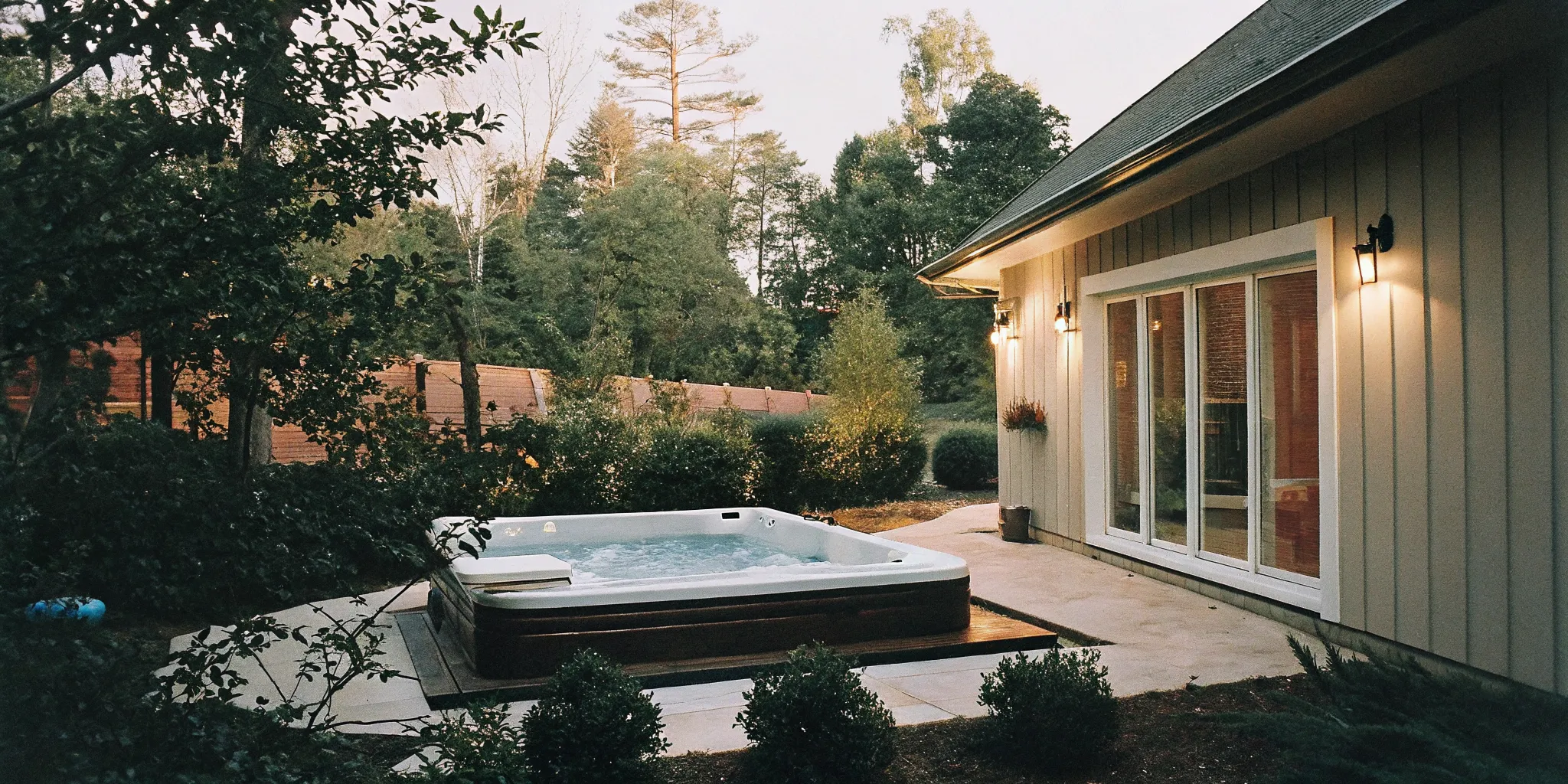 Swim spa in a landscaped Carolina backyard at dusk