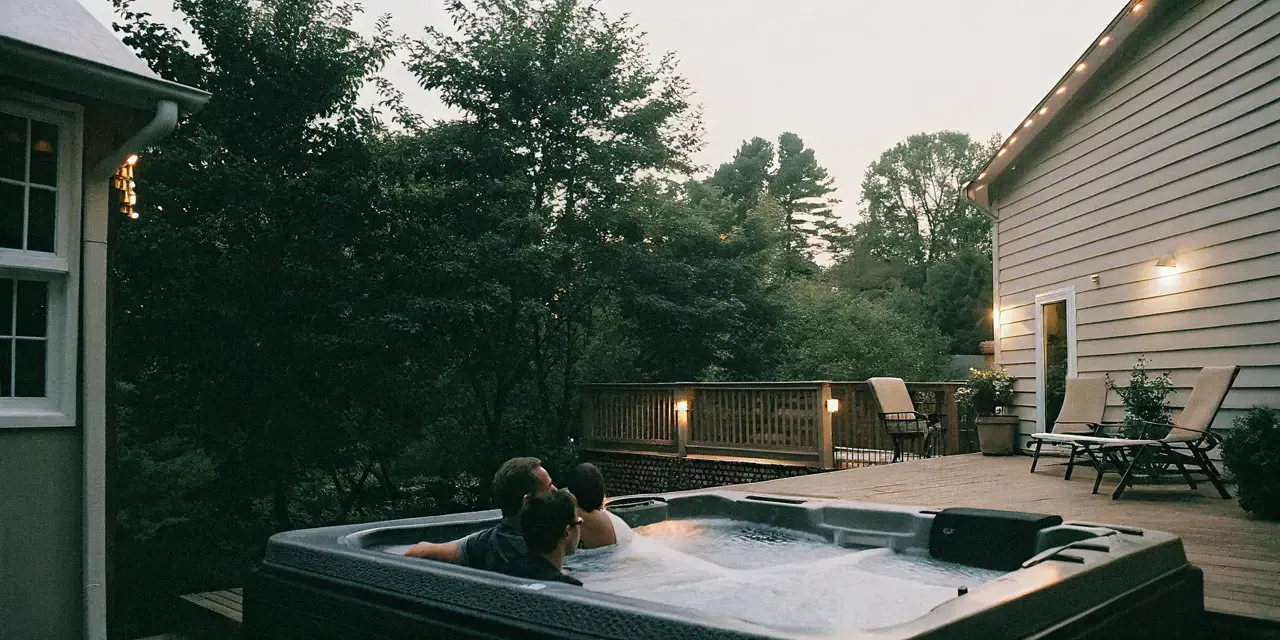 A couple relaxing beside a steaming hot tub in a warm Carolina backyard at dusk