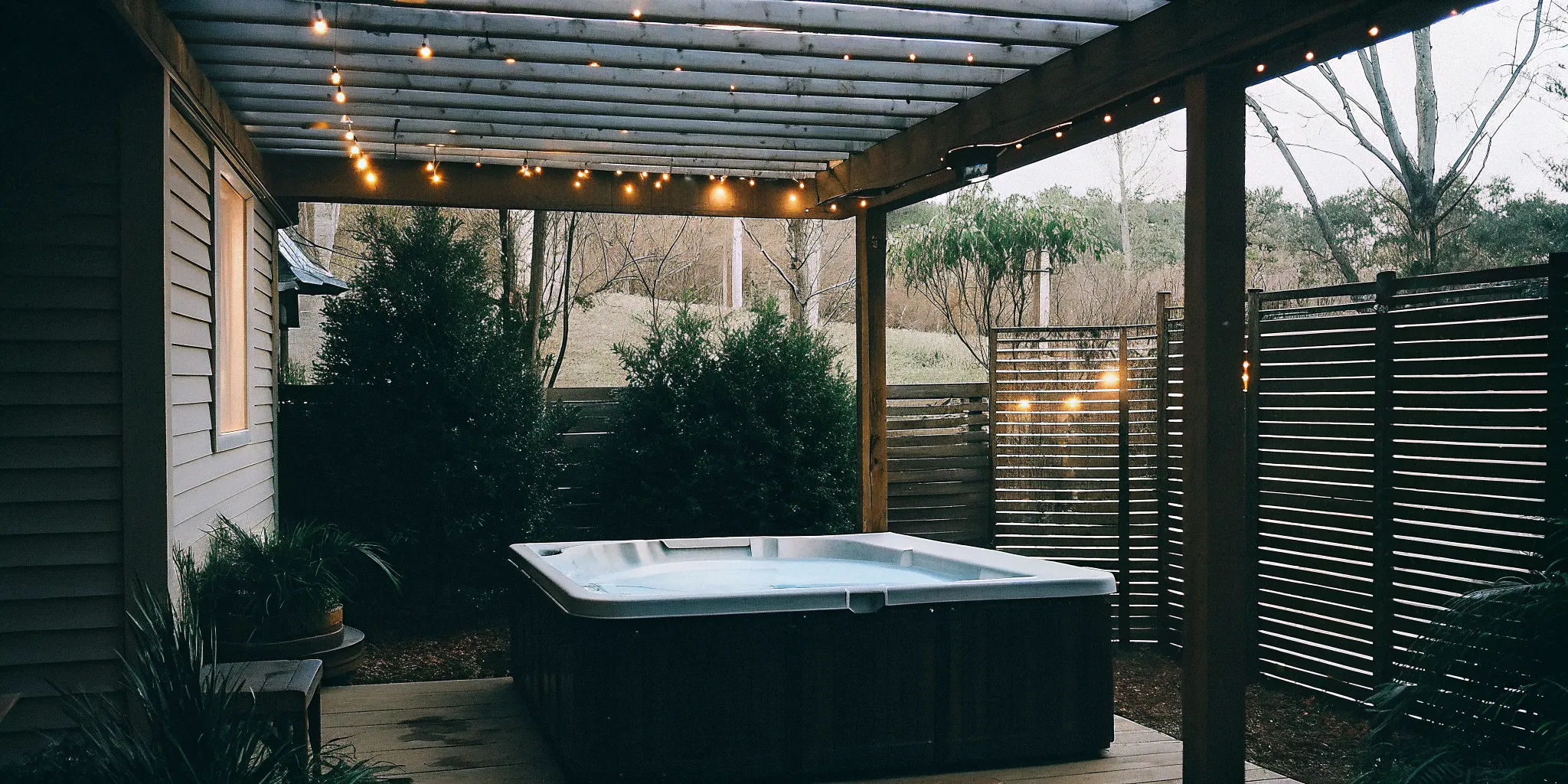 Covered patio with a steaming hot tub beneath a wood pergola with string lights at dusk in the Carolinas