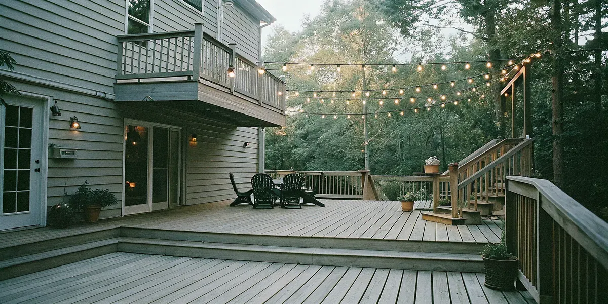 Contemporary composite deck with comfortable outdoor furniture and string lights in a Carolina backyard
