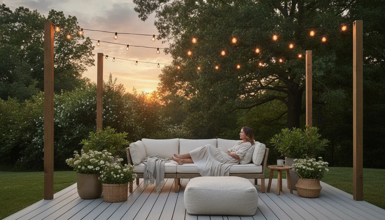 Outdoor composite deck with string lights and seating in a North Carolina backyard at dusk