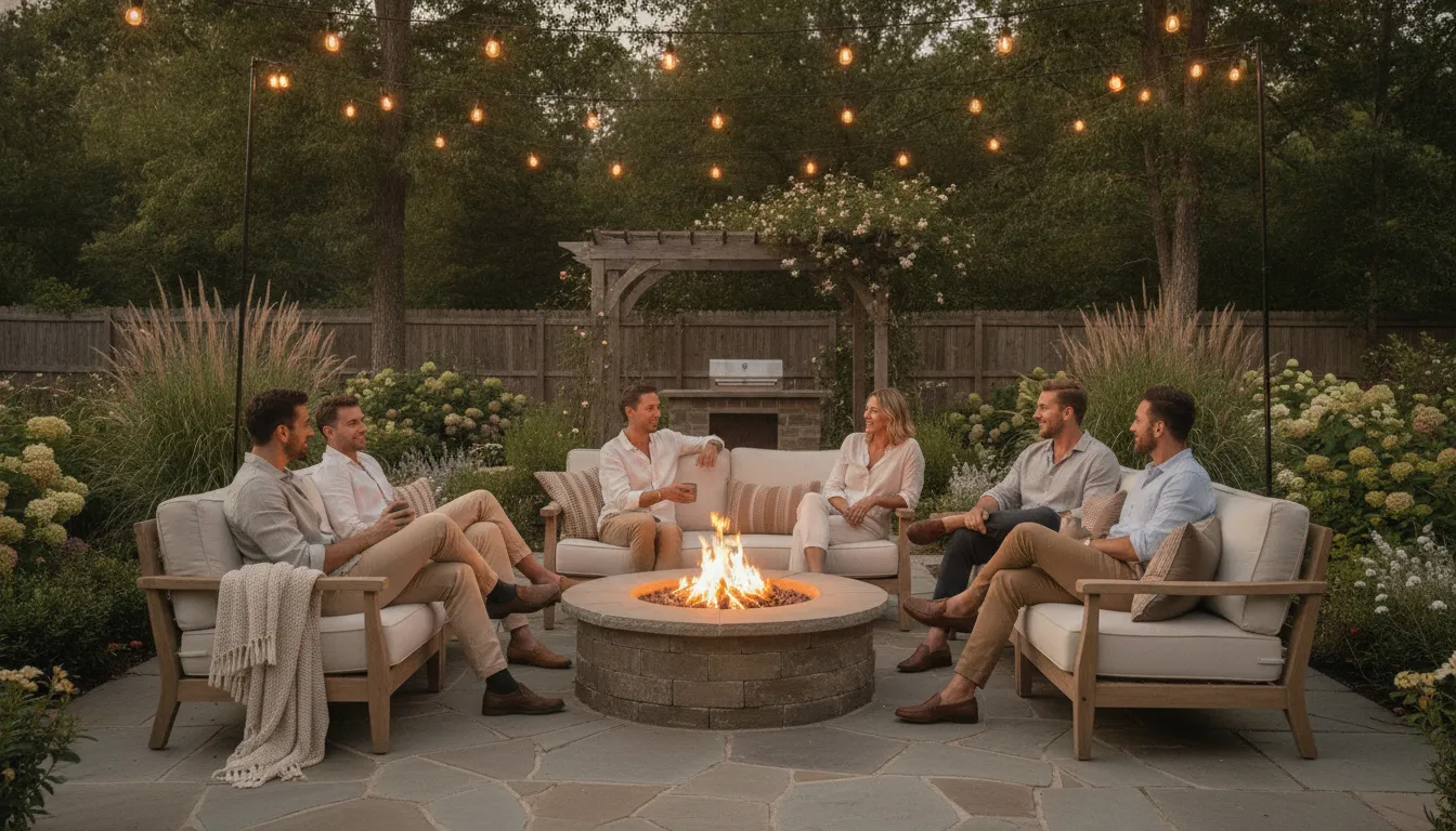 Glowing stone fire pit in a Carolina backyard at dusk with comfortable outdoor seating