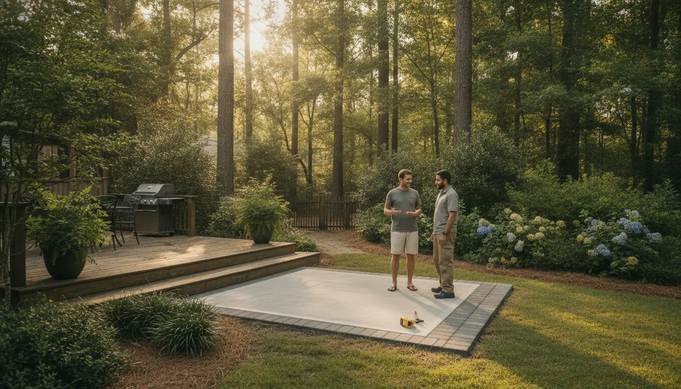 Backyard ready for a hot tub installation with a freshly poured concrete pad beside a Carolina deck