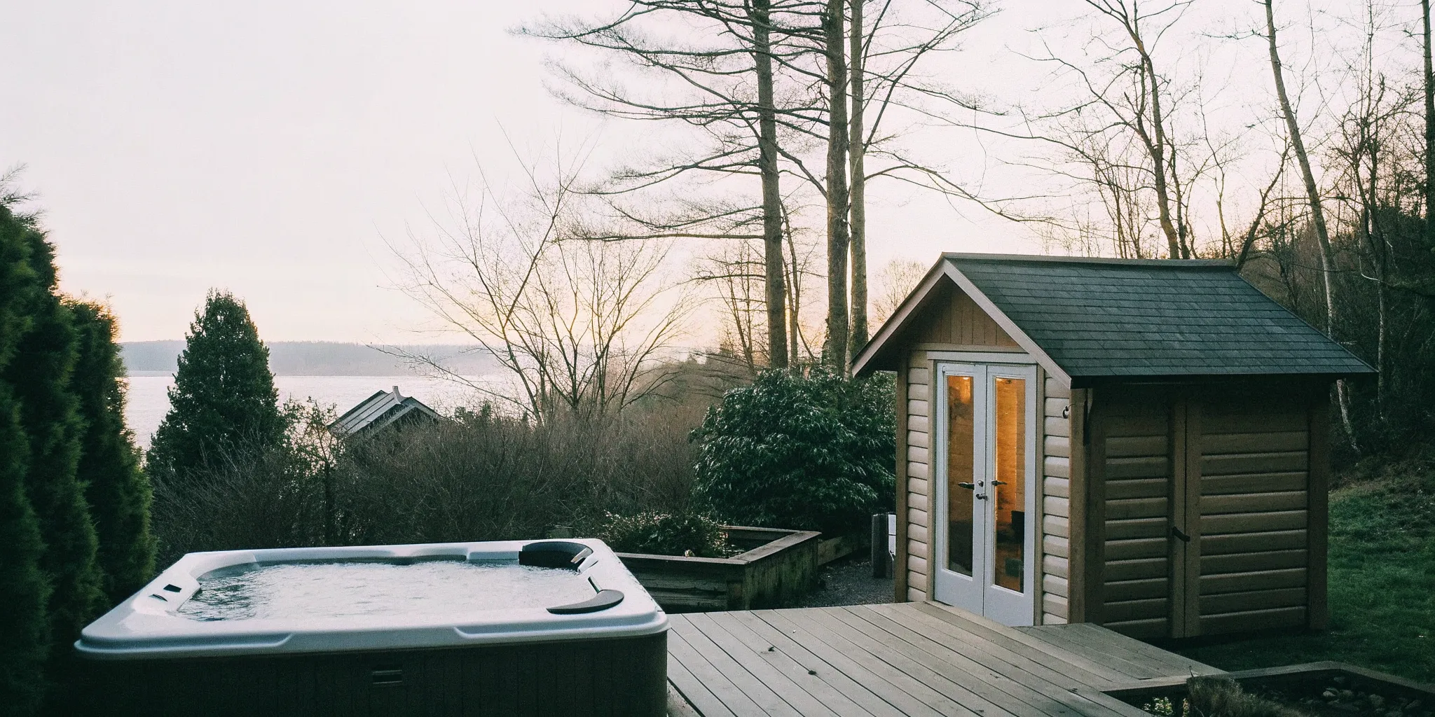 A backyard hot tub glowing at golden hour beside a cedar sauna cabin