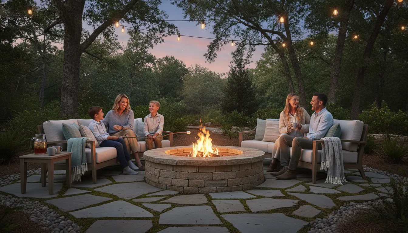 A stone fire pit glowing at dusk in a Carolina backyard with seating around it