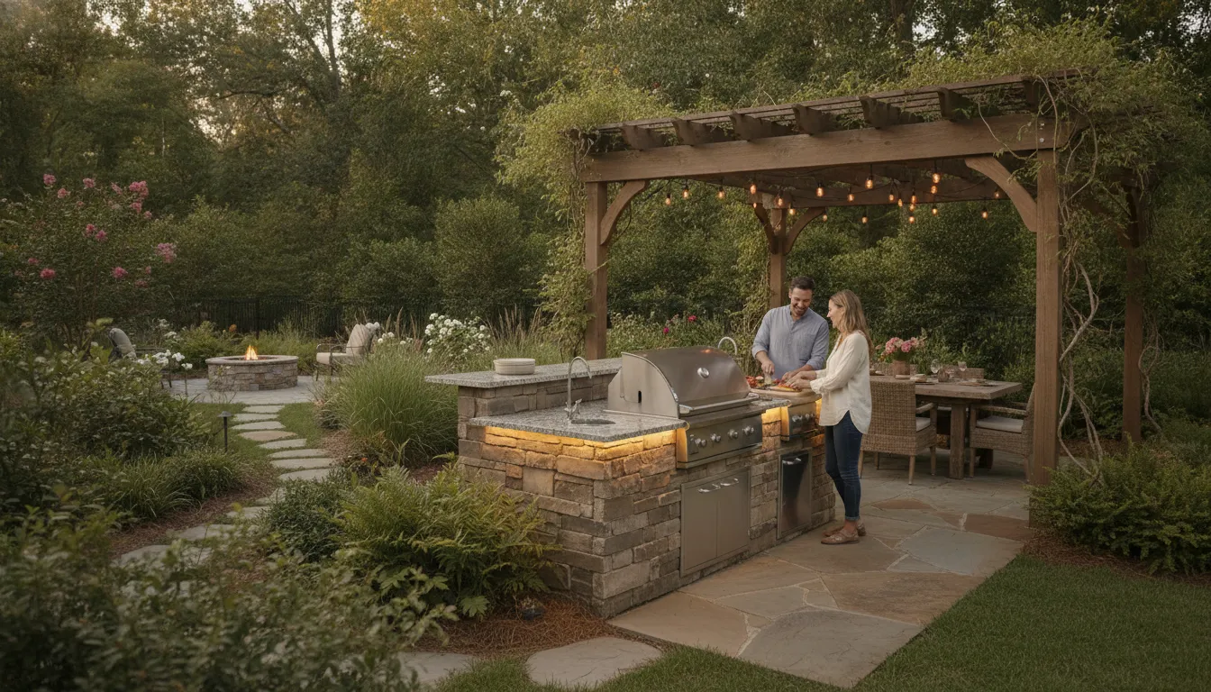 Carolina backyard outdoor kitchen with a stone grill island and pergola