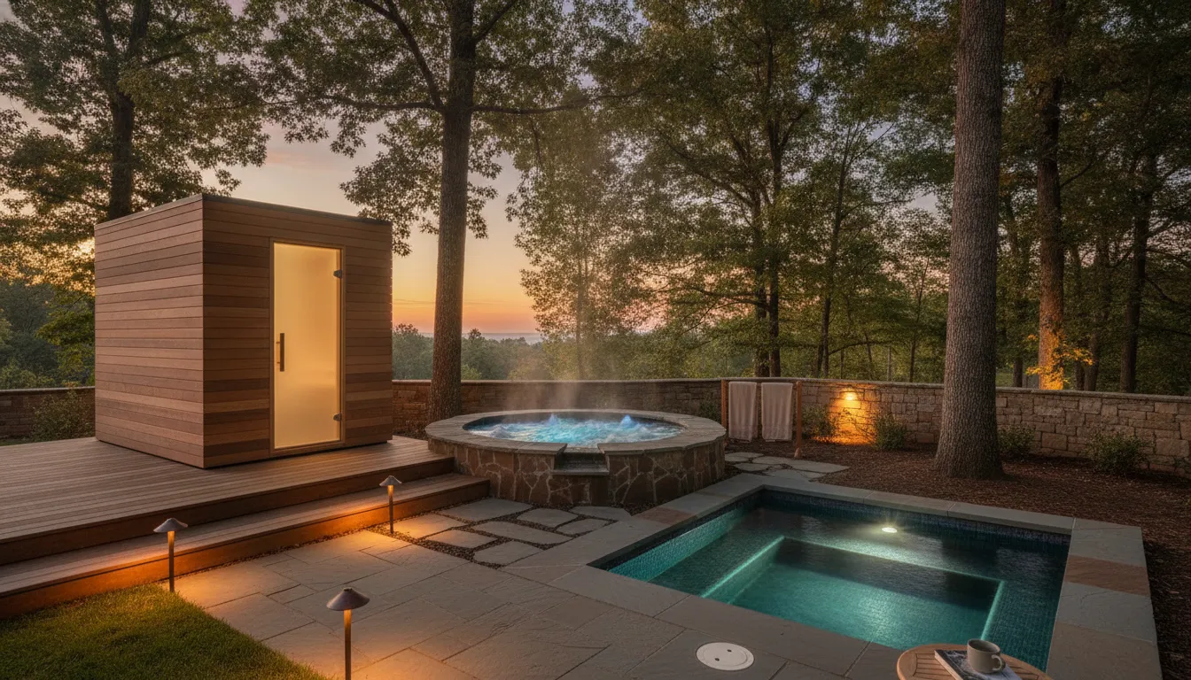 Warm dusk lighting around a Carolina backyard sauna, hot tub, and cold plunge space