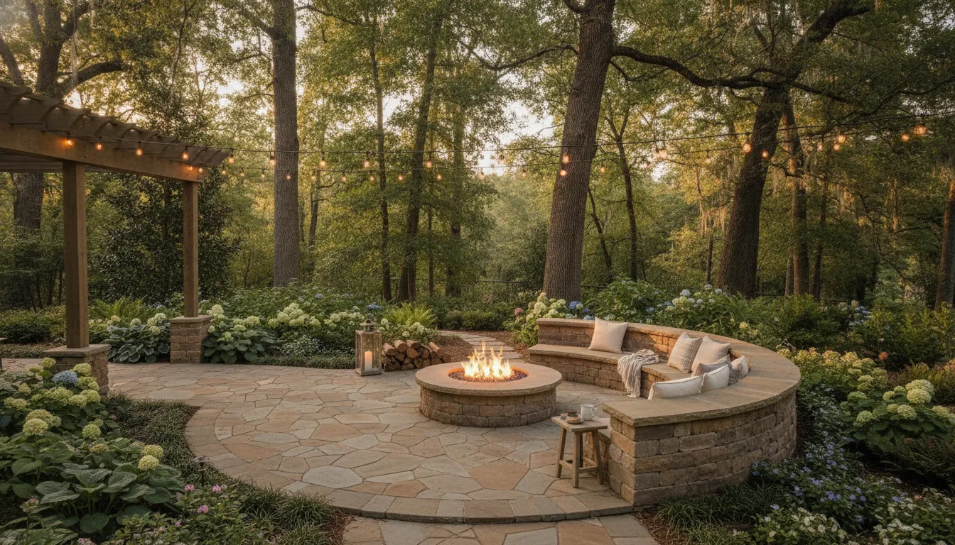 A Carolina backyard patio with pavers, seating, and a fire feature designed for year-round outdoor living