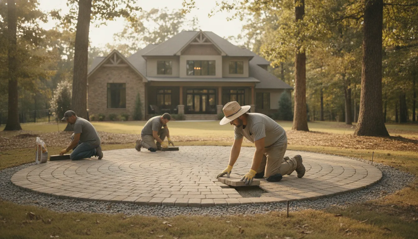 Crew installing concrete pavers on a new Carolina backyard patio