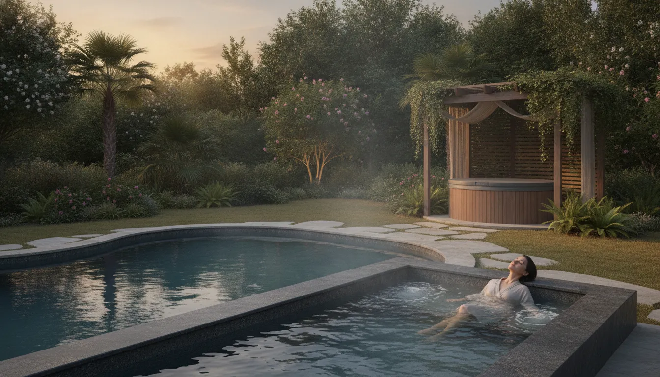 A modern swim spa in a Carolina backyard with a homeowner relaxing in the warm water between a pool and a covered hot tub at golden hour