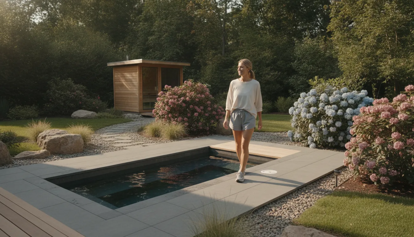 Runner considering a cold plunge in a Carolina backyard wellness space