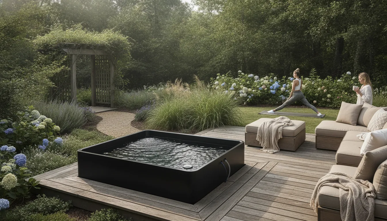 Cold plunge beside a Carolina backyard wellness space