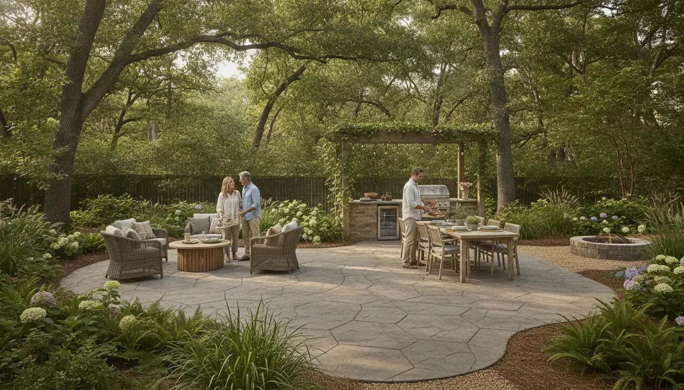 Concrete pavers forming a Carolina patio with seating, landscaping, and an outdoor kitchen