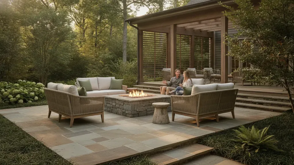 Built-in fire pit exterior with stone seating and a covered Carolina porch