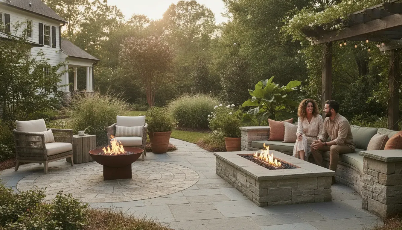 Carolina backyard with a movable fire pit and a custom built-in fire feature